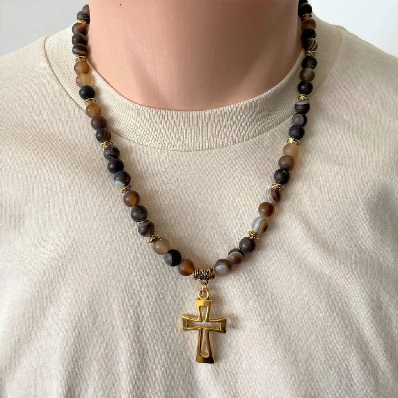 angel wing necklace for women -Mens Matte Brown Agate Beaded Necklace with Gold Cross