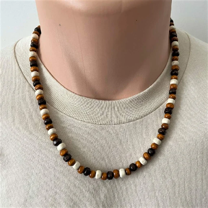 cute pendant necklace for kids -Mens Brown and White 6mm Wood Necklace