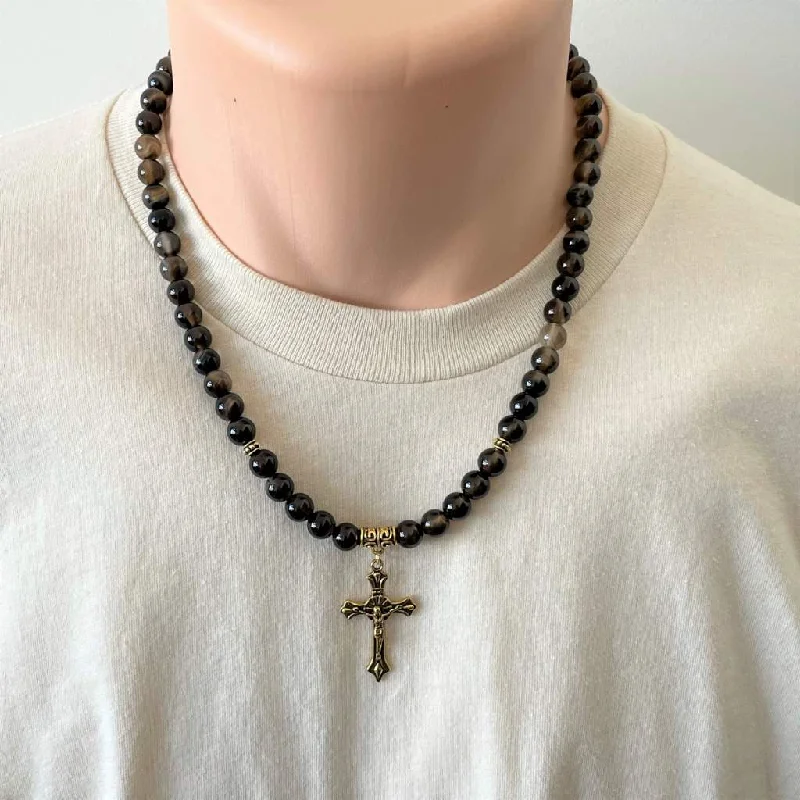 vintage-inspired necklace for women -Mens Brown Smoky Agate Mens Necklace and Gold Cross