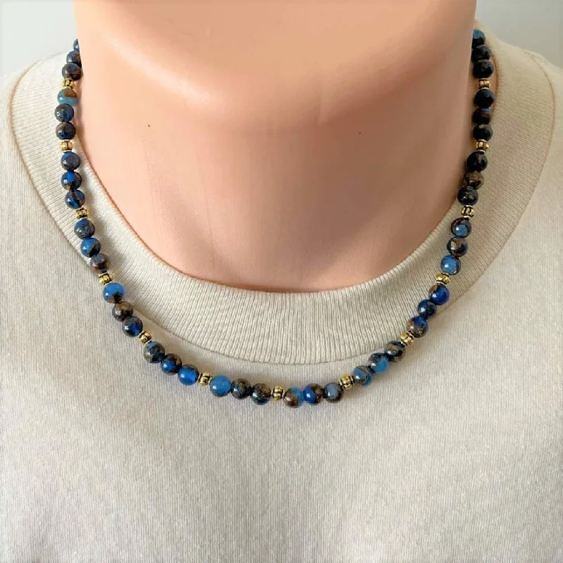 heart shaped necklace for girls -Mens Cobalt Opal With Bronzite Marbled Quartz and Gold Beaded Necklace