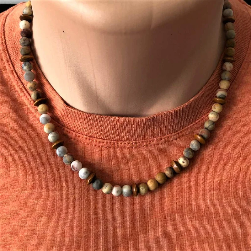 luxury diamond necklace for men -Mens Crazy Lace Matte Agate and Wood Beaded Necklace