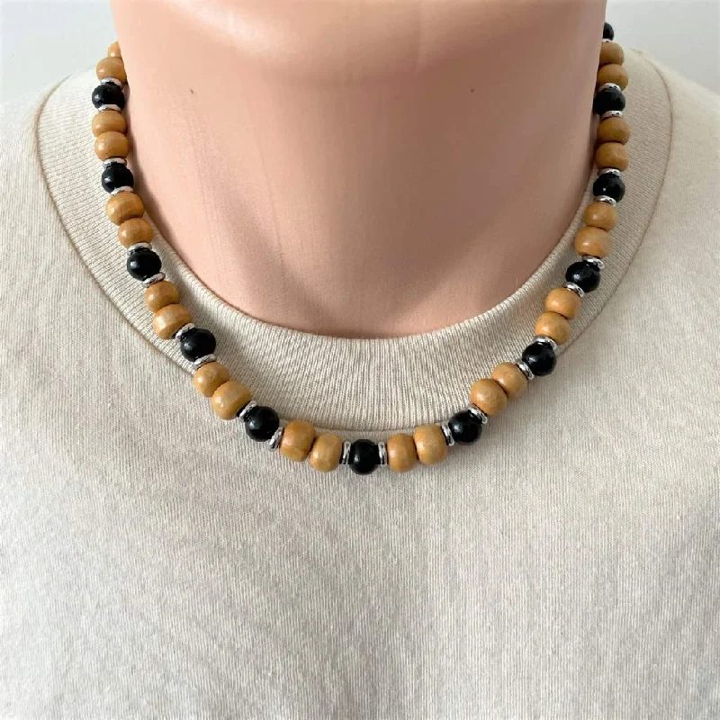 pendant necklace for everyday wear -Mens Dark and Light Brown Wood Beaded Necklace