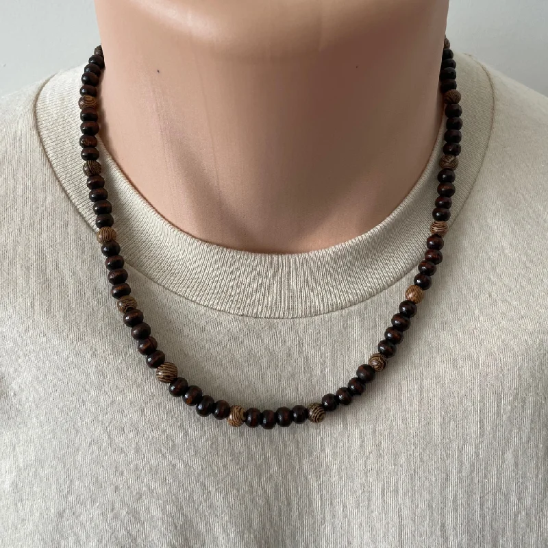 luxury gold necklace for women -Mens Dark Brown Wood Beaded Necklace