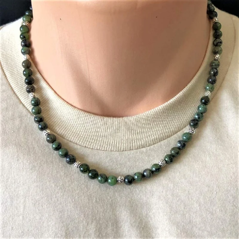 personalized charm necklace for moms -Mens Dendritic Green Jade Beaded Necklace