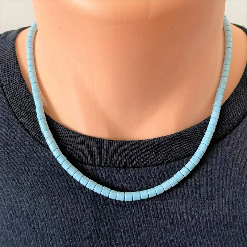 two-tone necklace for women -Mens Denim Blue Agate Beaded Necklace