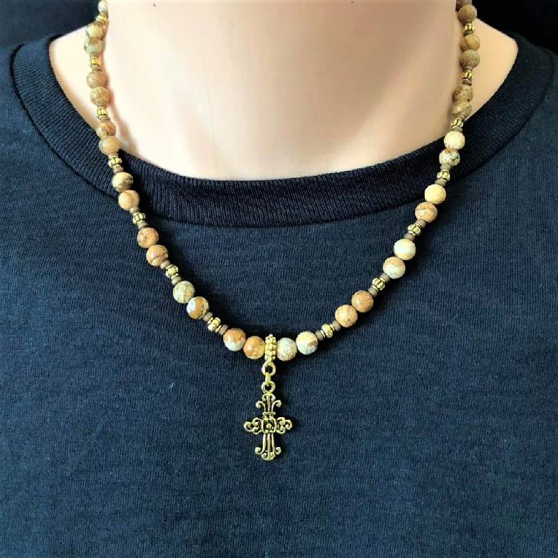 elegant gold necklace for special occasions -Mens Gold Cross Picture Jasper Beaded Necklace