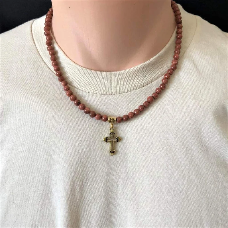 butterfly pendant necklace -Mens Goldstone Beaded Necklace with Gold Cross