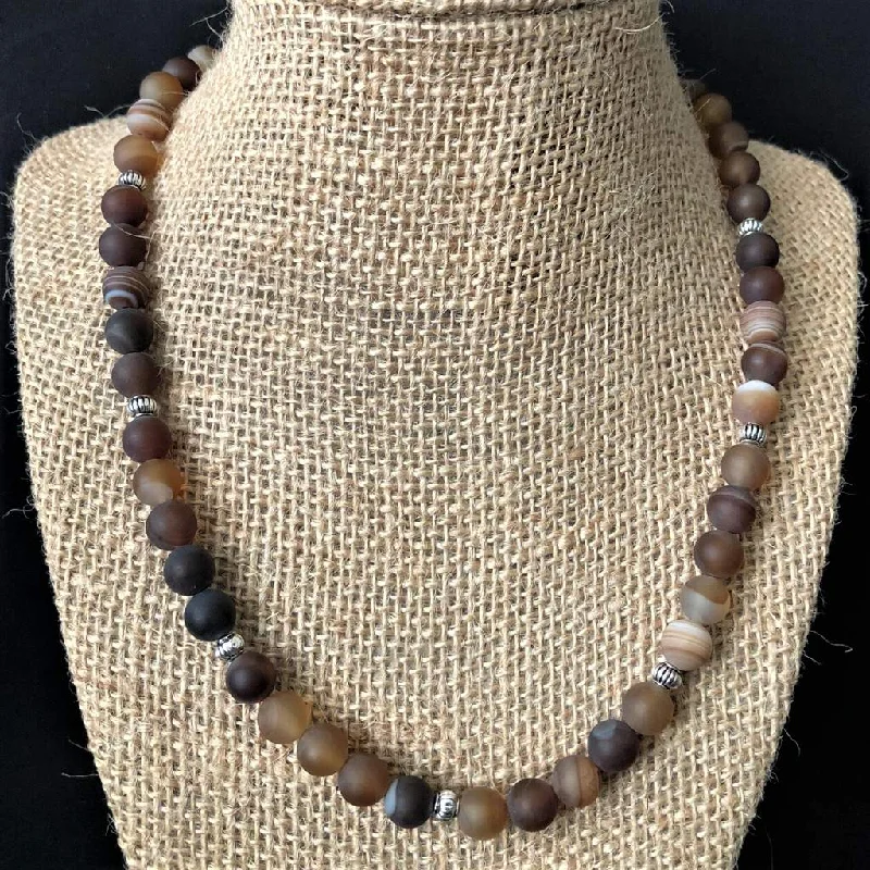 turquoise necklace for men -Mens Matte Brown Agate with Silver Beads Necklace