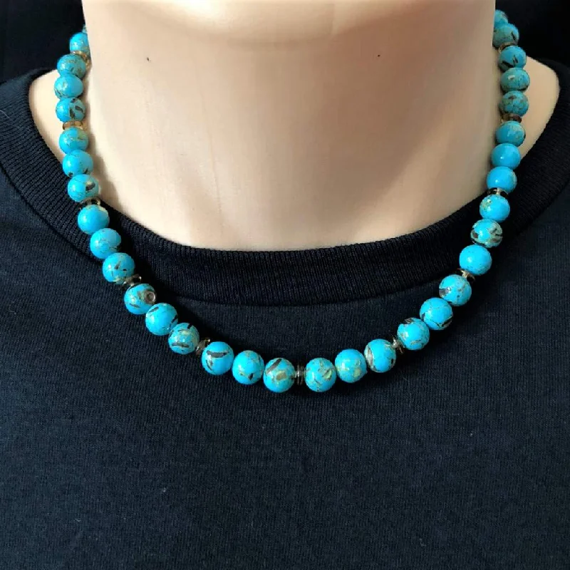 moon pendant necklace for women -Mens Mosaic Turquoise and Smoky Topaz Beaded Necklace