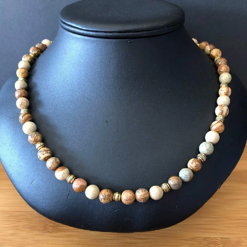 fashion jewelry necklace for women -Mens Picture Jasper and Gold Beaded Necklace