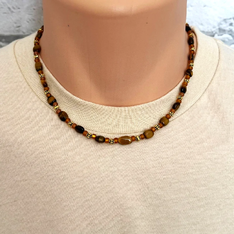 boho style necklace for summer -Men's Tigers Eye Nugget Beaded Necklace