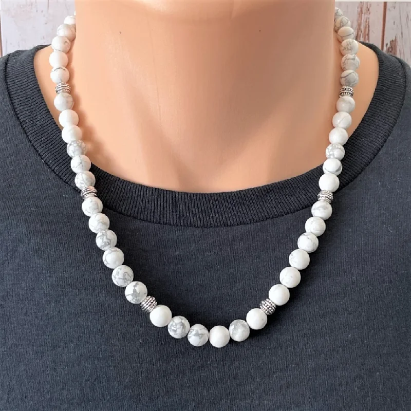 elegant diamond necklace for weddings -Men's White and Gray Howlite Silver Beaded Necklace