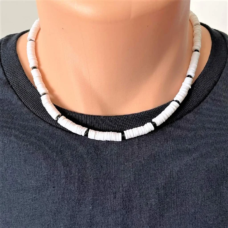 luxury diamond necklace for men -Mens White Polymer and Black Beaded Necklace