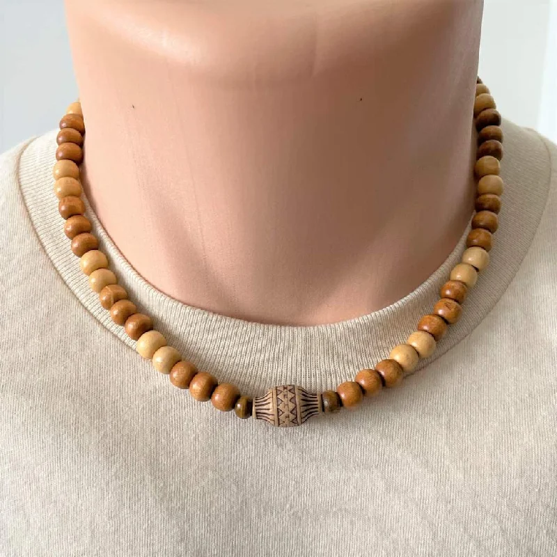 thick chain necklace for men -Mens Wooden Necklace with Center Wood Bead