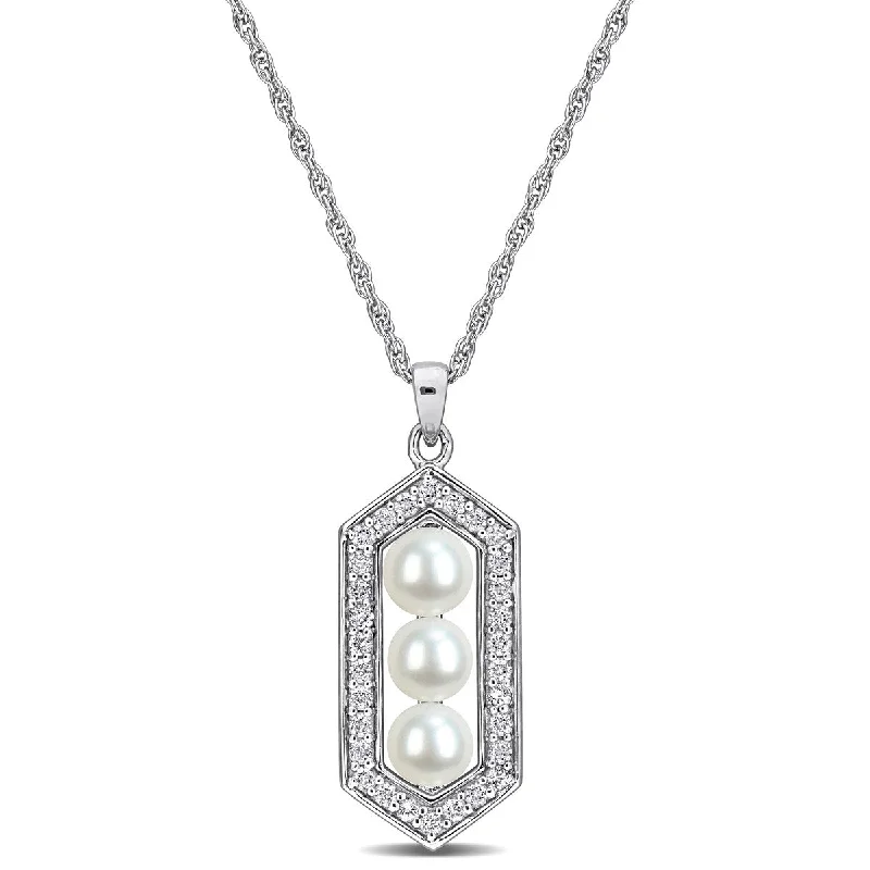 pendant necklace for layering -Miadora 5-5.5mm Cultured Freshwater Pearl 1/3ct TGW White Topaz Halo Necklace Sterling Silver