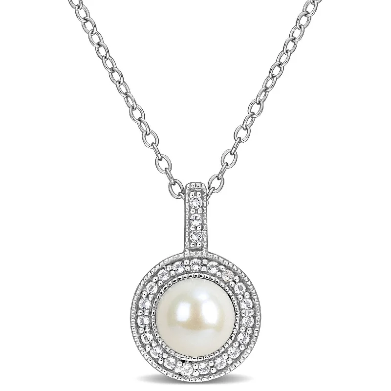 pendant necklace for everyday wear -Miadora 5.5-6mm Cultured Freshwater Pearl 1/10ct TGW White Topaz Halo Necklace Sterling Silver