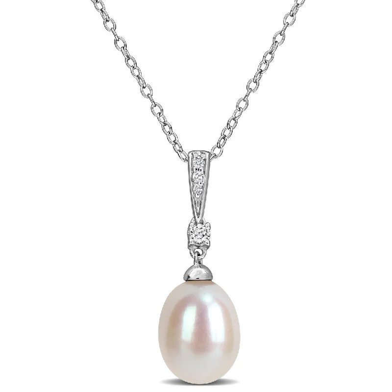 colorful stone necklace for girls -Miadora 8.5-9mm Cultured Freshwater Pearl 1/10ct TGW White Topaz Necklace Sterling Silver