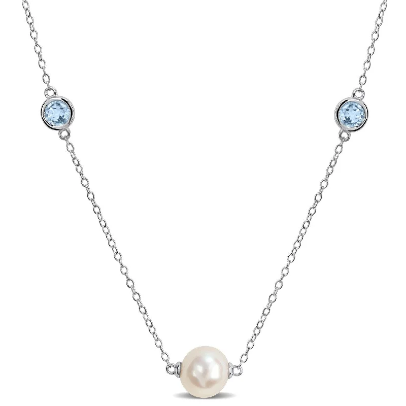 opal pendant necklace for women -Miadora 8-9mm Cultured Freshwater Pearl 3 5/8ct TGW Sky Blue Topaz Necklace Sterling Silver-37 in