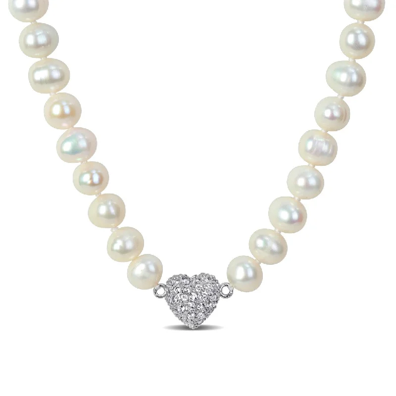 personalized name necklace -Miadora 8-9mm Cultured Freshwater Pearl Necklace 3/4ct TGW CZ Heart Clasp Sterling Silver