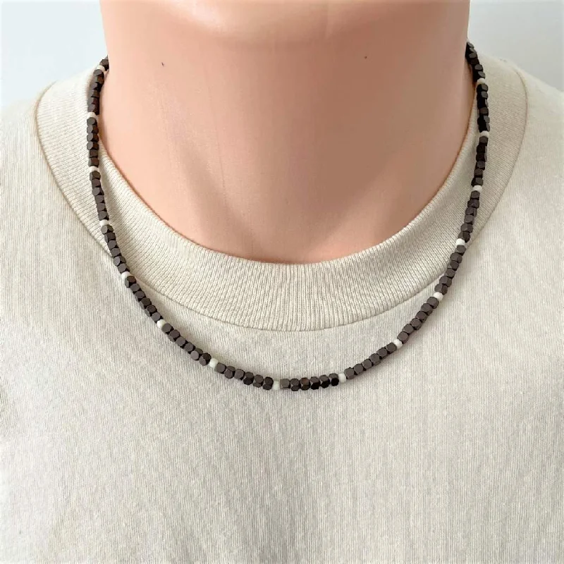 pearl and silver necklace for women -Mocha Matte Hematite Hexcut Mens Beaded Necklace