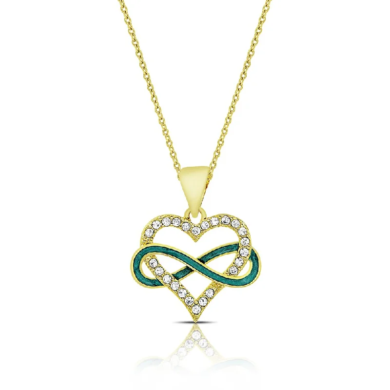 vintage silver necklace for men -Molly and Emma Gold Overlay Cubic Zirconia and Green Enamel Heart and Infinity Design Necklace