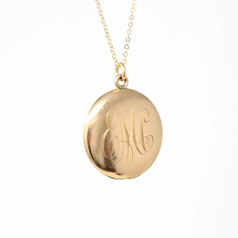 sterling silver heart necklace -Monogrammed "EMC" Locket - Antique Gold Filled Engraved Initials Round Pendant Necklace - Edwardian Circa 1910s Era Photos W&H Co Jewelry