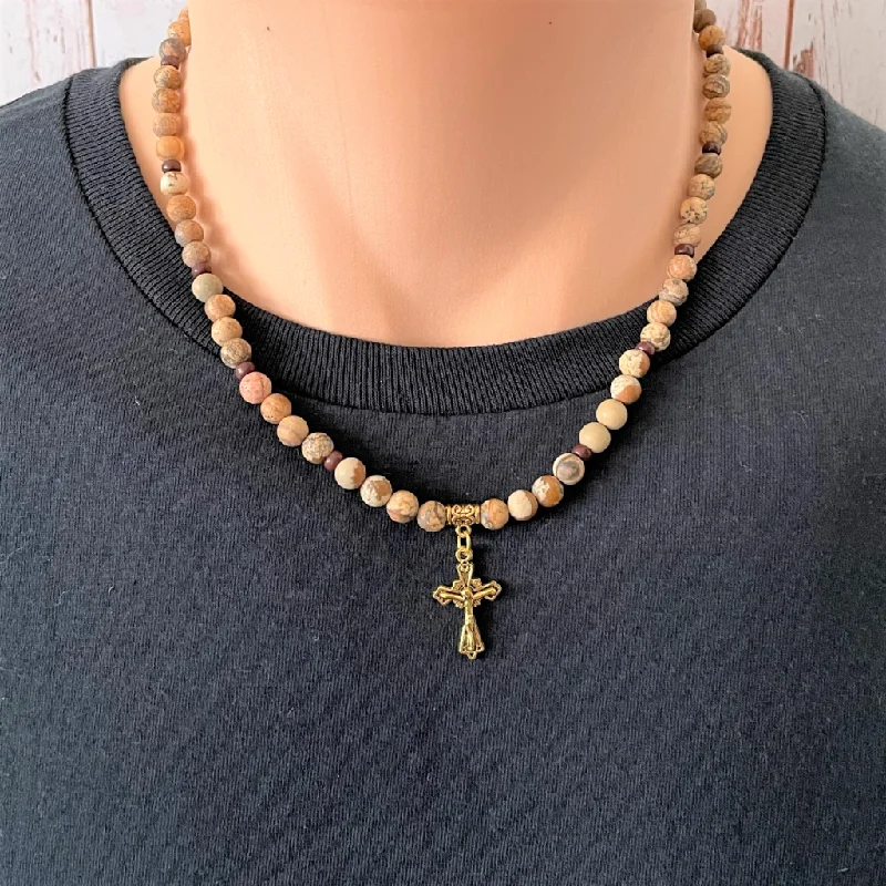 delicate gold necklace for daily wear -Picture Jasper and Brown Toho Gold Cross Beaded Mens Necklace