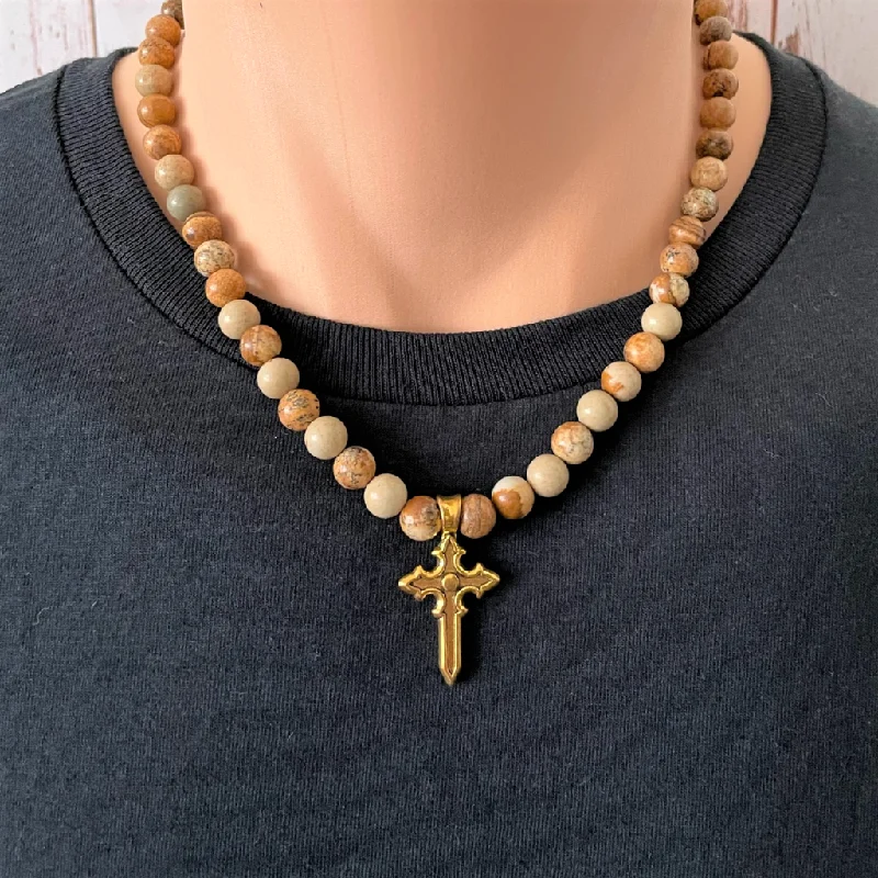 sterling silver heart necklace -Picture Jasper and Gold Cross Mens Beaded Necklace