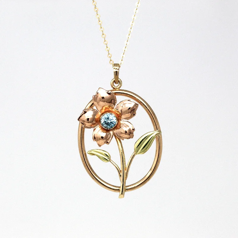 custom engraved necklace for women -Retro Flower Lavalier - Vintage 10k Rose Gold Genuine Blue Zircon .59 Ct Gem Pendant Necklace - Circa 1940s Era Floral 40s Fine Jewelry