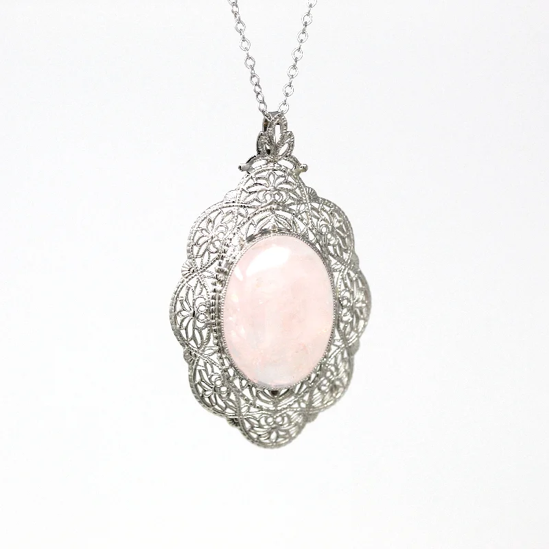 men’s leather necklace with pendant -Rose Quartz Pendant - Art Deco 10k White Gold Oval Cabochon Cut 6.70 CT Pink Gemstone - Vintage Circa 1930s Era Flower Filigree Fine Jewelry