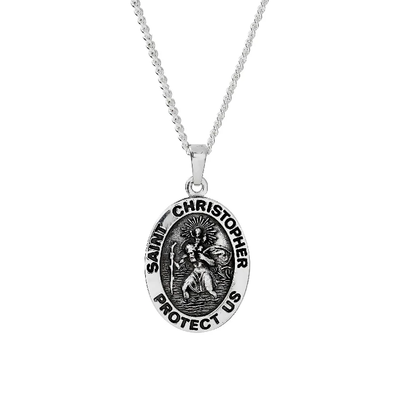 black pendant necklace for men -Saint Christopher Protect Us Personalised Silver Necklace