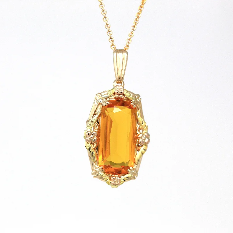 best necklace for layering -Simulated Citrine Necklace - Retro 10k Yellow Gold Rectangular Faceted Orange Glass Pendant - Vintage Circa 1940s Fine BDA Flower Jewelry