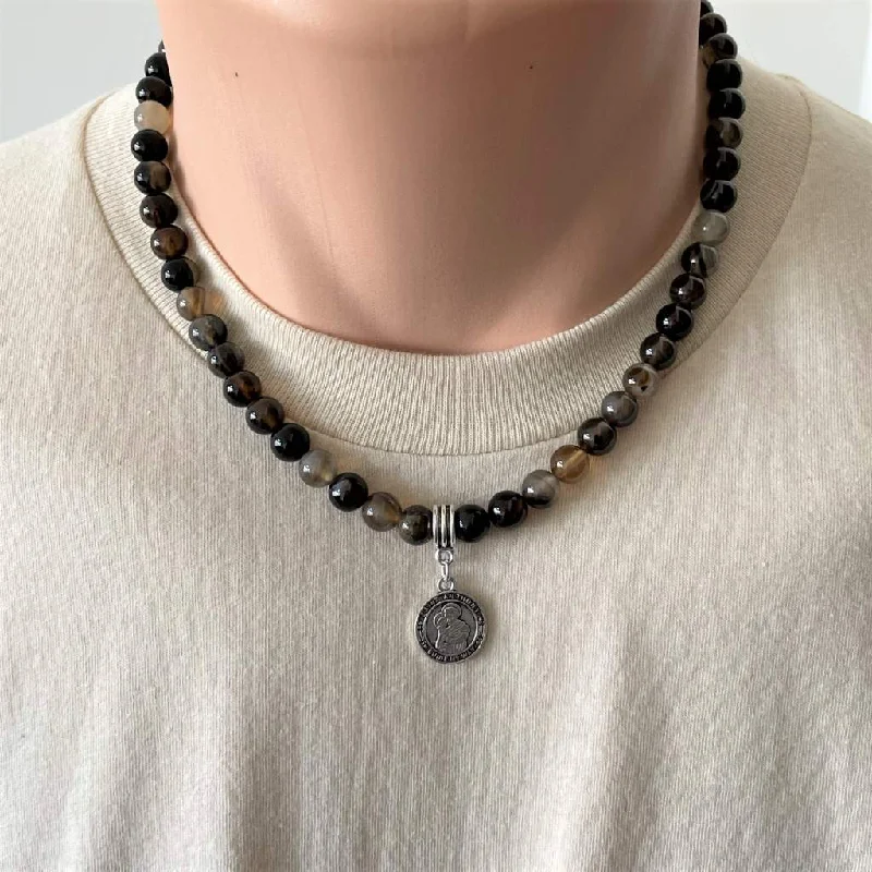 turquoise necklace for men -Smoky Black Agate St. Anthony Mens Beaded Necklace