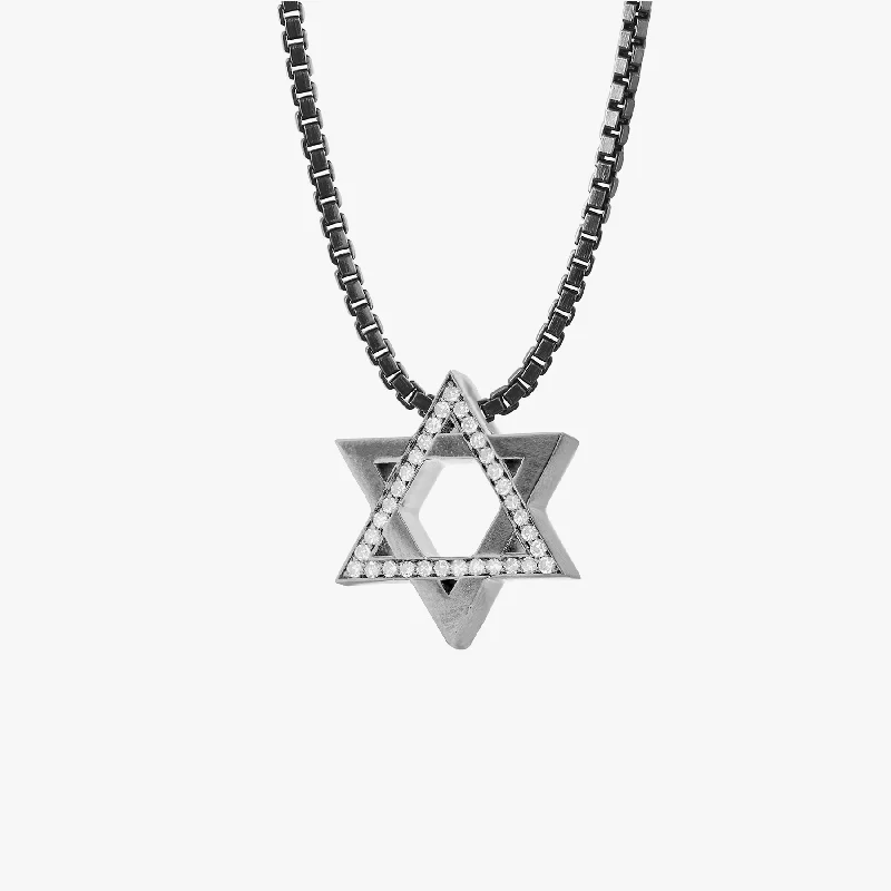 long necklace for layering -Star of David Necklace In Black Rhodium Silver With White Diamond