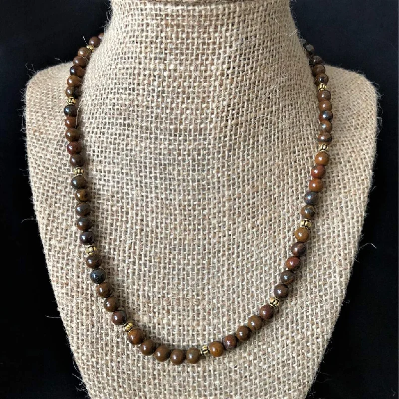 double chain necklace for men -Tiger Iron Brown Mens Beaded Necklace