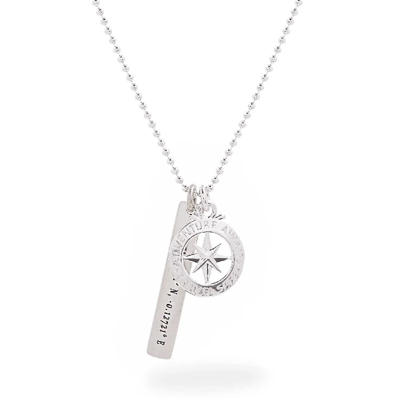 simple silver necklace for men -Travel Safe Compass Coordinates Long Tag Silver Necklace