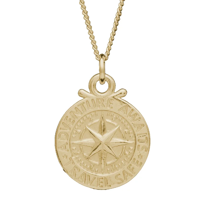 silver and gold necklace for layering -Travel Safe Large Gold Compass St Christopher Necklace