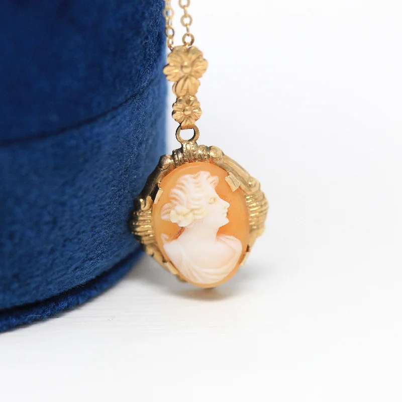 personalized name necklace -Vintage Cameo Necklace - Retro 10k Yellow Gold Oval Carved Shell Flower Pendant Charm - Circa 1940s Era Statement Fine Esemco 40s Jewelry