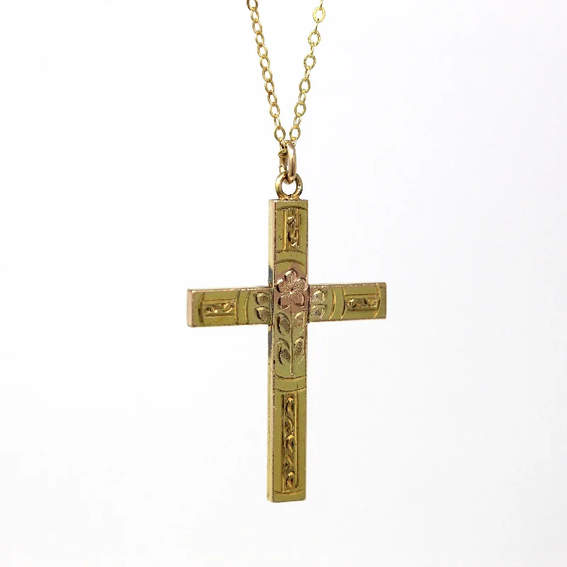 minimalist diamond necklace -Vintage Cross Necklace - Retro 12k Gold Filled Engraved Flowers Pendant Charm - Circa 1940s Era Religious Faith Statement 40s Jewelry