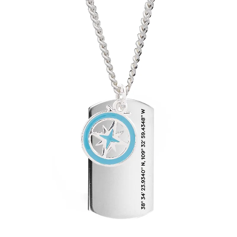 pendant necklace for layering -X-L Recycled Silver Dog Tag  Necklace With Enamel Compass