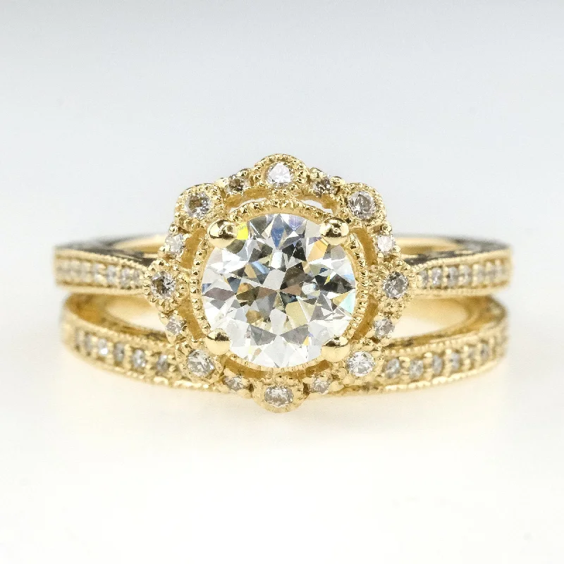 high-end engagement rings-GIA 0.93ct VS2/H Round Diamond Halo Accented Bridal Set in 14K Yellow Gold