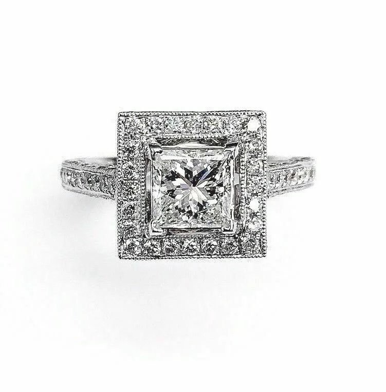 cheap wedding rings-1.01Ct Princess Cut Diamond Halo Engagement Ring Size 6.25 Art Nouveau Style 14k