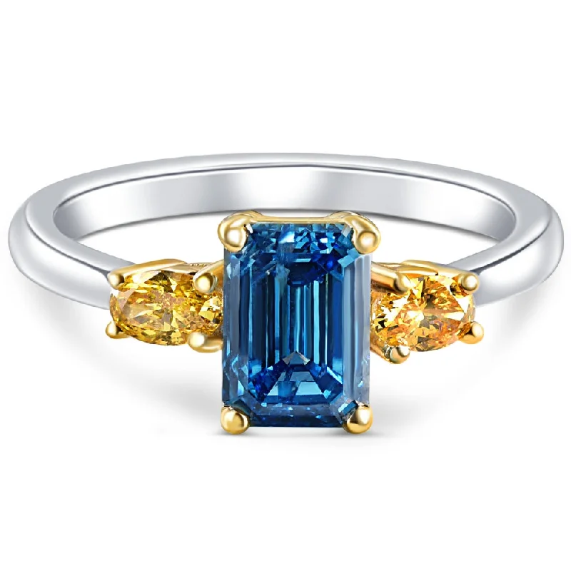 affordable wedding rings-1 1/4Ct Fancy Blue & Yellow Diamond Engagement Three Stone Emerald Ring 14k Gold