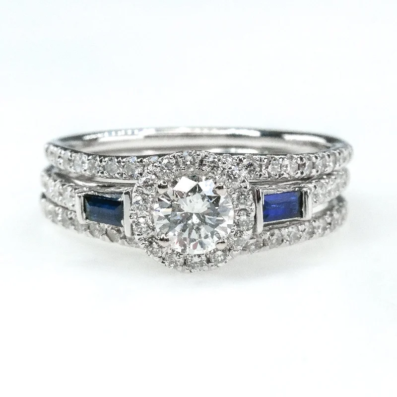 trendy rings for women-1.25ctwt Diamond w/Sapphire Double Band Bridal Set 14K White Gold