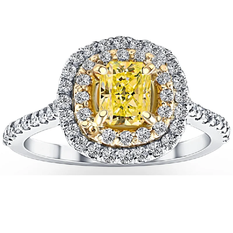 oval engagement rings-1 5/8Ct Diamond Fancy Yellow Cushion Engagement Ring 14k Gold SZ 7