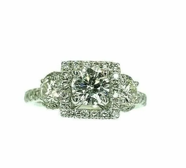 platinum engagement rings-1.62 Carats t.w. Round Cut Diamond Center Halo & Side Halos Engagement Ring 18K