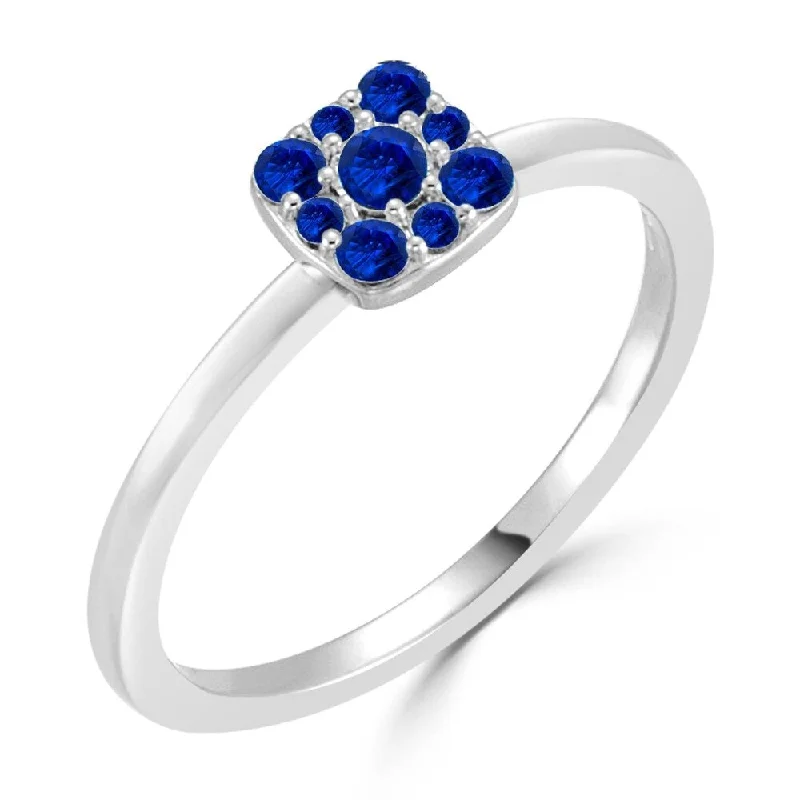 silver statement rings-10K Gold 1/4ctw Blue Sapphire Gemstone Square Cluster Engagement Ring