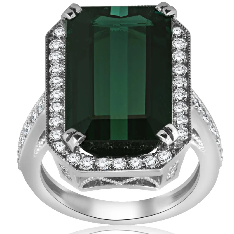 gold wedding rings-11 1/4ct Vintage Tourmaline Pave VVS Diamond Engagement Ring 18K White Gold Size 6