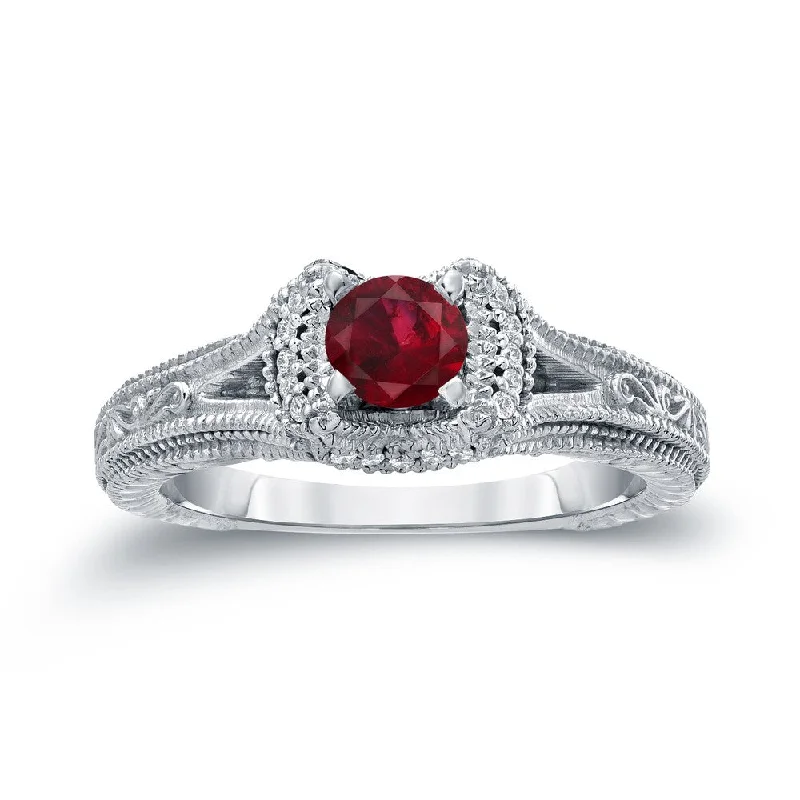 minimalist rings for women-14k Gold 2/5ct Ruby and 1/8ct TDW Round Diamond Engagement Ring by Auriya