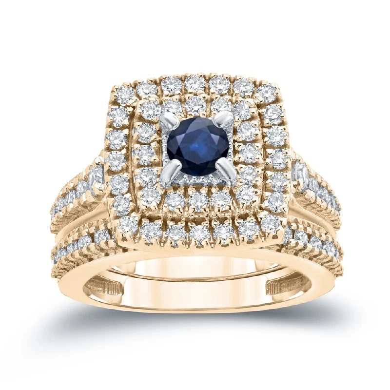 trendy rings for women-14k Gold 2/5ct Sapphire and 1 1/5ct TDW Diamond Halo Engagement Ring Set by Auriya